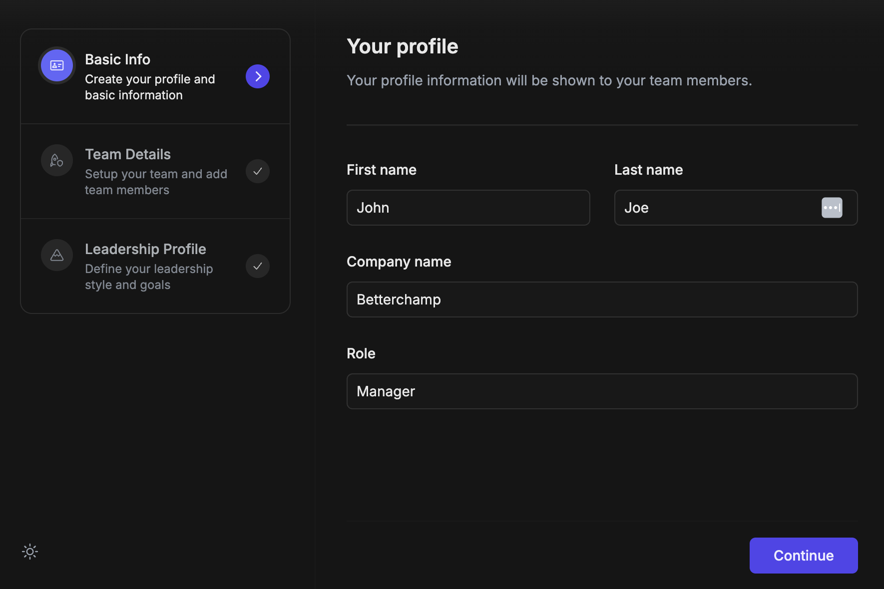 Betterchamp Onboarding Flow in Dark Mode