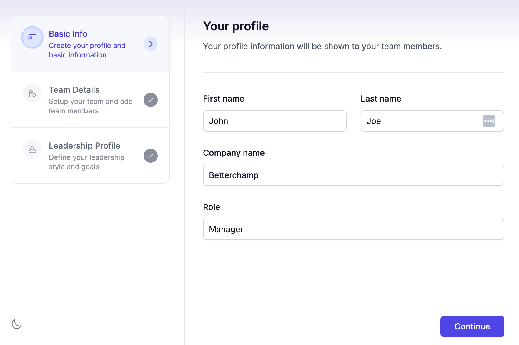 Betterchamp Onboarding Flow in Light Mode